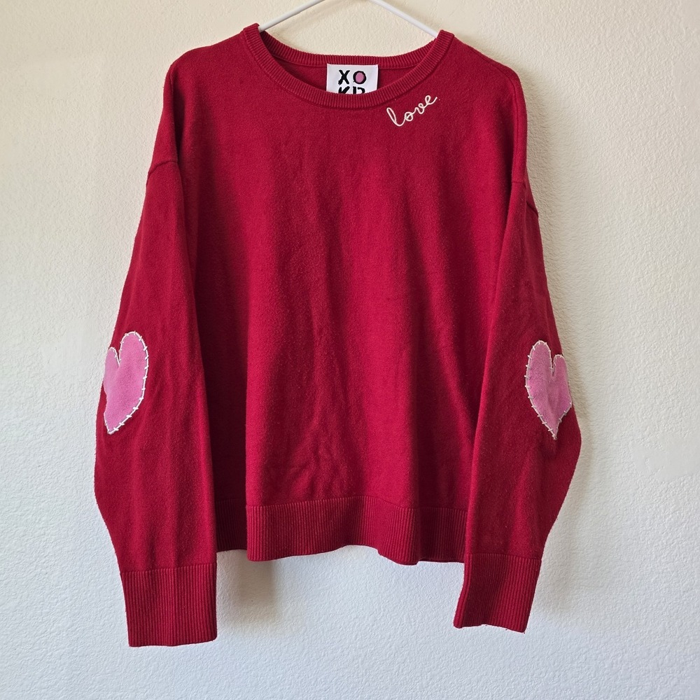 XO Kerri Rosenthal Large Red Pullover Sweater Pink Heart Appliqué Love Valentine